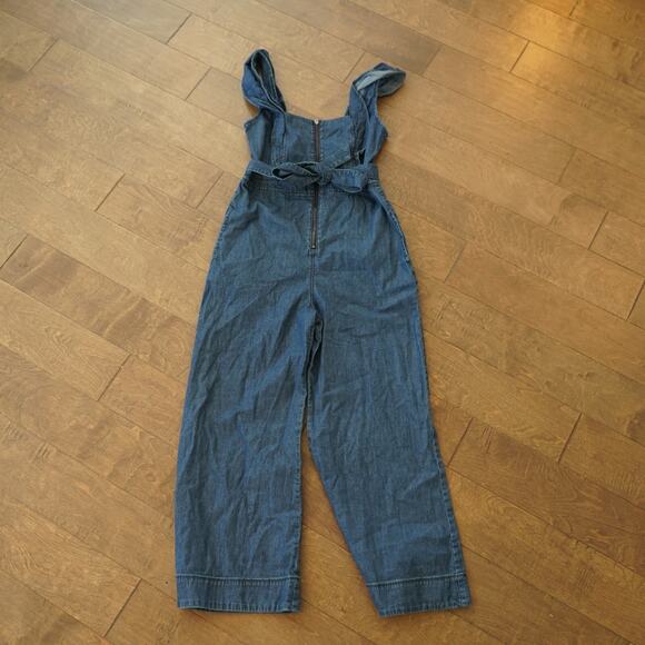 Free People Sun‎ Valley Jumpsuit Womens Size 6 Blue Denim Tie Wasit Zip Front - Picture 1 of 6